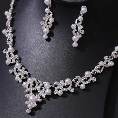 Luxus Legierung Künstliche Perle Strass Brautschmuck Set Für Damen Hochzeit Bankett Halskette Und Ohrringe Set Schmuck Geschenk