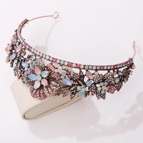 Corona de Novia Barroca Vintage con Diamantes de Imitación de Colores y Hojas de Aleación de Cobre Antiguo Tiara para Boda Mujer