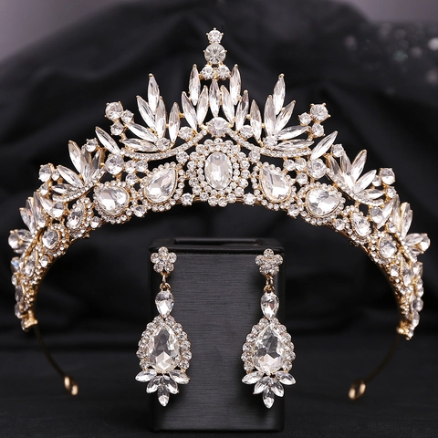 Corona da Sposa in Cristallo Foglia Vintage Barocca Tiara da Sposa con Strass Lussuoso Copricapo da Regina di Corte Gioielli Orecchini