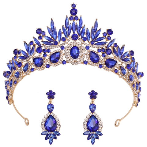 Corona da Sposa in Cristallo Foglia Vintage Barocca Tiara da Sposa con Strass Lussuoso Copricapo da Regina di Corte Gioielli Orecchini