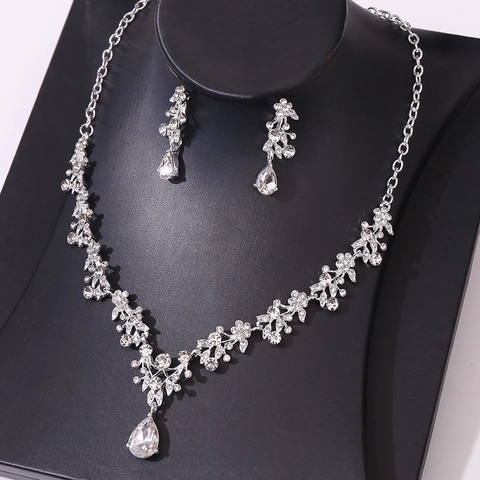 Set Gioielli Sposa in Lega con Strass Fiore Ciondolo a Goccia Collana Orecchini Elegante Matrimonio Banchetto Donna Gioielli
