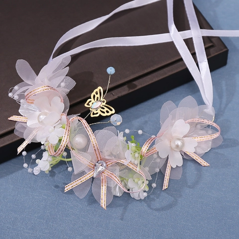 Fascia per Capelli Floreale da Sposa Fatta a Mano Perla Artificiale Farfalla Accessori per Capelli Matrimonio Donna Bambini Rosa Bianco