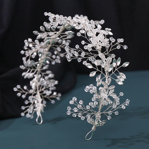 Fascia per Capelli Sposa in Cristallo Fatto a Mano Argento Foglia Fiore Perla Artificiale Strass Accessori Capelli Matrimonio