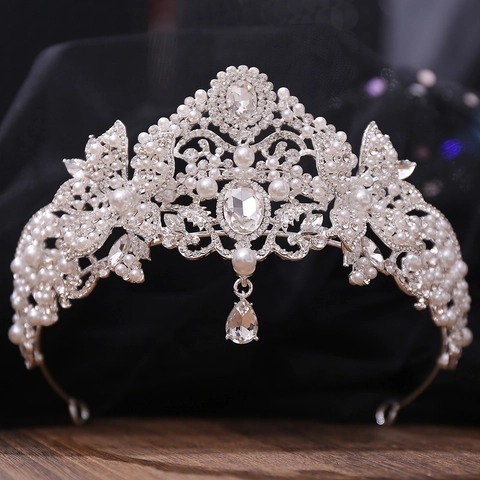 Lussuosa Corona Tiara Nuziale Barocca per Donna Vintage Lega Strass Perla Artificiale Accessori per Capelli Sposa Banchetto Compleanno Gioielli