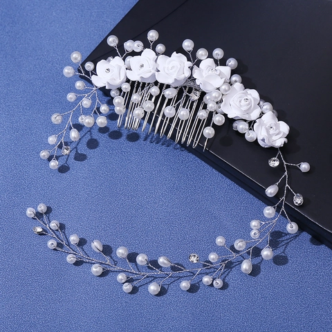 Handmade Bridal Hair Comb With White Flower Artificial Pearl Rhinestone Silver Color Wedding Hairband For Women Bride