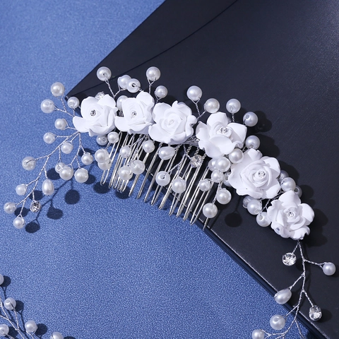 Handmade Bridal Hair Comb With White Flower Artificial Pearl Rhinestone Silver Color Wedding Hairband For Women Bride