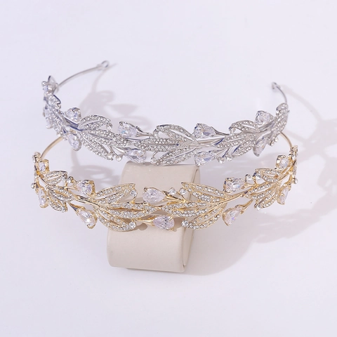 Lussuoso Diadema da Sposa in Lega Zirconia a Foglia Elegante Tiara Matrimonio Strass Copricapo Gioielli per Capelli Donna Banchetto
