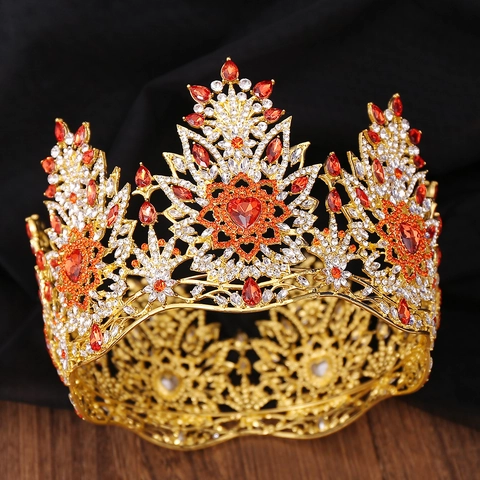 Luxe Barok Legering Kroon Met Oranje Hart Strass Grote Optocht Tiara Voor Bruiloft Bruids Hoofddeksels Party Accessoires