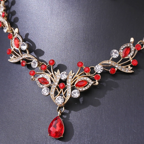 Luxury Alloy Rhinestone Leaf Necklace Earring Set For Women Bridal Wedding Prom Jewelry Set Elegant Waterdrop Pendant Set