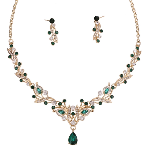 Luxury Alloy Rhinestone Leaf Necklace Earring Set For Women Bridal Wedding Prom Jewelry Set Elegant Waterdrop Pendant Set