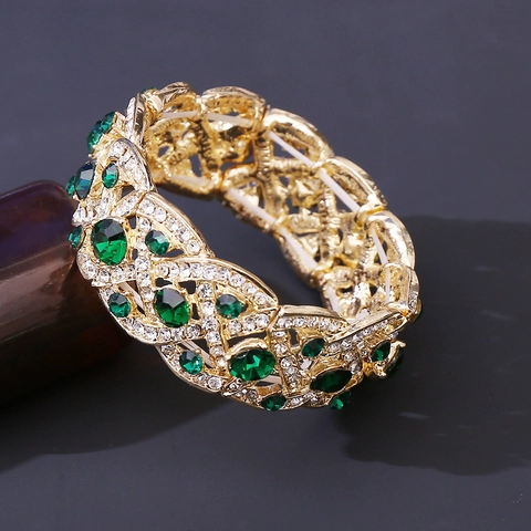Vintage Luxurious Alloy Rhinestone Elastic Bracelet For Women Bride Wedding Party Jewelry Hollow Out Wide Gold Silver Bangle