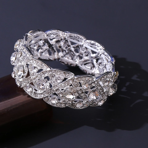 Vintage Luxurious Alloy Rhinestone Elastic Bracelet For Women Bride Wedding Party Jewelry Hollow Out Wide Gold Silver Bangle
