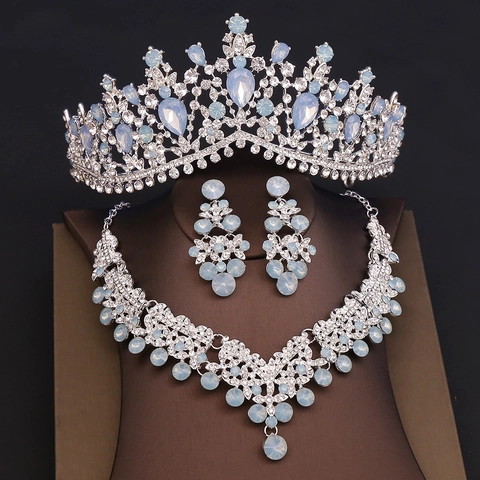 Luxury Alloy Rhinestone Tiara Necklace Earrings Wedding Bridal Jewelry For Women Party Banquet Floral Water Drop Crown