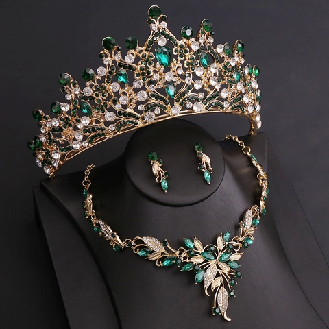 Vintage Alloy Rhinestone Bridal Jewelry Set Leaf Tiara Crown Necklace Earrings For Wedding Party Women Formal Jewelry