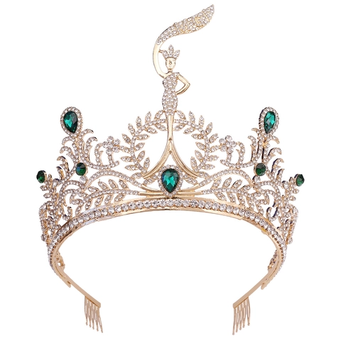 Corona Vintage Barocca in Lega Dorata Con Strass Verde Smeraldo per Matrimonio Sfilata Donna Lussuoso Copricapo da Sposa Diadema