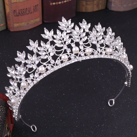 Tiara Barocca Corona in Lega con Strass Künstliche Perle Design Foglia Gioielli per Capelli Sposa Matrimonio Festa Vintage Donna