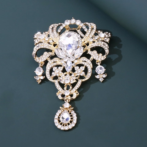 Broche Baroque en Alliage de Strass pour Femmes Style Palais de Luxe Pendentif en Cristal Goutte d'Eau Épingle de Banquet