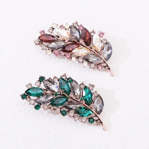 Vintage Luxury Leaf Brooch Antique Copper Multi Color Rhinestone Pin For Women Suit Coat Dress Banquet Jewelry