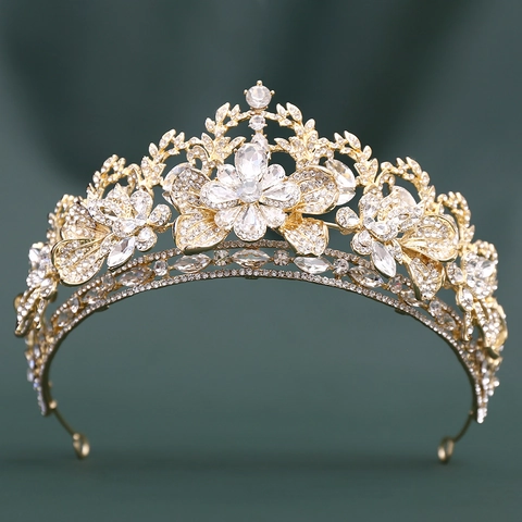 Lussuosa Corona da Sposa in Lega con Strass e Foglie Tiara Matrimonio Copricapo Floreale da Donna Oro Argento Accessori Capelli