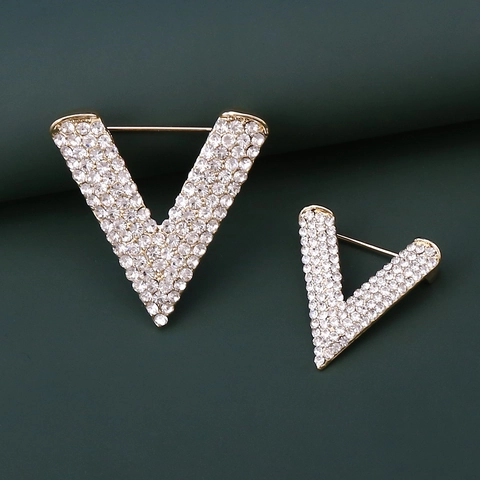 Minimalist V Shape Alloy Rhinestone Brooch Pin For Women Suit Coat Shirt Fixed Anti Exposure Korean Style Jewelry Accessory