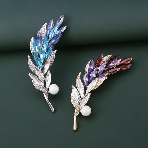 Elegante Broche de Aleación con Espiga de Trigo para Mujer con Diamantes de Imitación y Perla Artificial Pin de Vestido