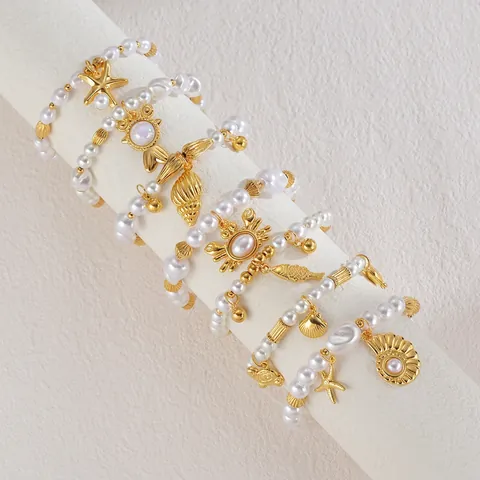 Ocean Series Stainless Steel Beaded Bracelet For Women Elegant Artificial Pearl Starfish Conch Shell Pendant Hand Jewelry Summer Vacation Gifts