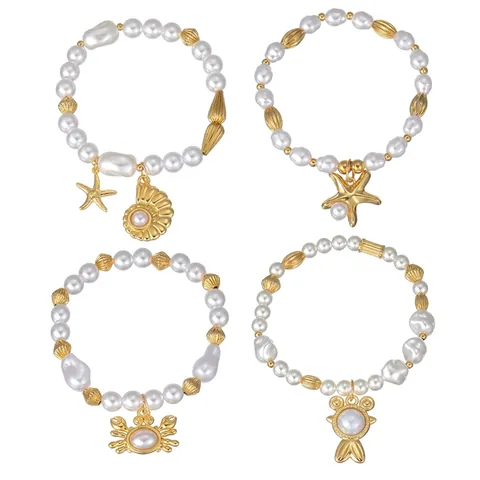 Ocean Series Stainless Steel Beaded Bracelet For Women Elegant Artificial Pearl Starfish Conch Shell Pendant Hand Jewelry Summer Vacation Gifts