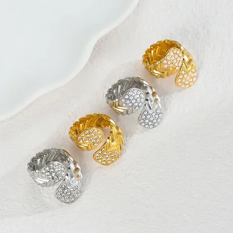 Eleganter Edelstahl Offener Ring Für Damen Webstruktur Strass Künstliche Perle Eingelegt Verstellbarer Mode Ring Schmuck