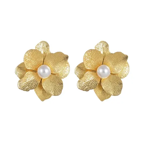 Pendientes de Botón de Flor de Acero Inoxidable Elegantes Con Perla Artificial Oro Textura Cepillada Joyería de Moda Mujer