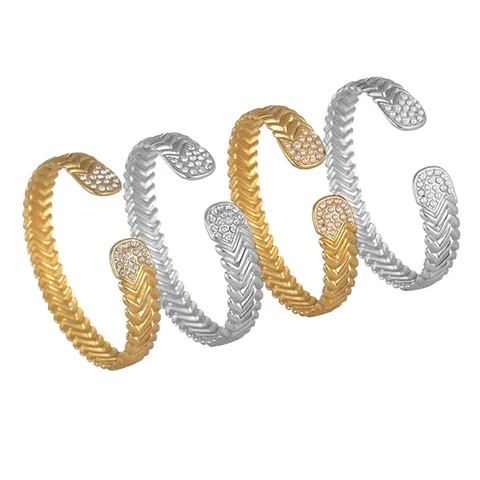Bracciale Rigido Aperto a Forma di C in Acciaio Inossidabile Chevron Con Künstliche Perle e Zirconia Regolabile per Donna Gioielli