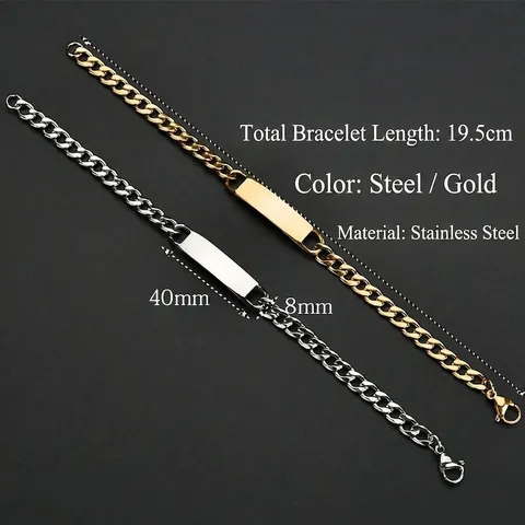 Bracciale a Catena Curb in Acciaio Inossidabile con Barra ID per Uomo Donna Piastra Lucida Corona Cuore Farfalla Stella Ciondolo Gioielli