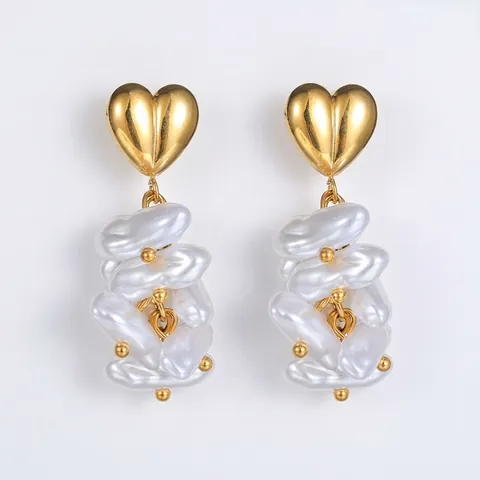Boucles d'Oreilles Cœur en Acier Inoxydable Avec Grappes de Perles Baroques Artificielles Irrégulières Bijoux de Mode pour Femme