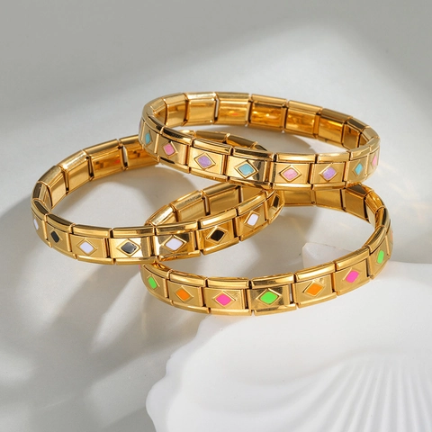Bracelet Charm Italien pour Femme Acier Inoxydable Émail Coloré Losange Modulaire Bande Élastique Bijoux de Mode