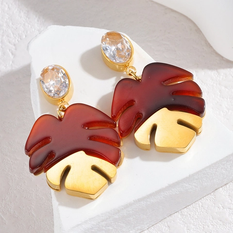 Stainless Steel Monstera Leaf Rhinestone Drop Earrings For Women Fashion Resin Tropical Leaf Jewelry Trend Party Gift