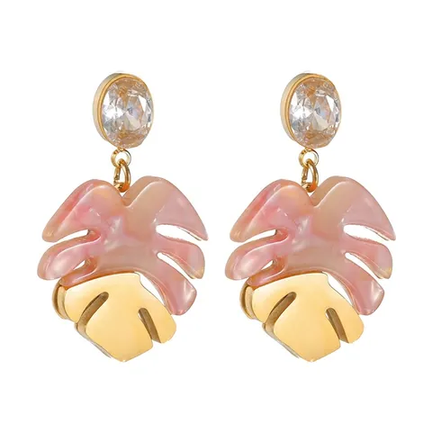 Roestvrij Stalen Monstera Blad Strass Hangende Oorbellen Voor Vrouwen Mode Hars Tropisch Blad Sieraden Trend Feest Cadeau