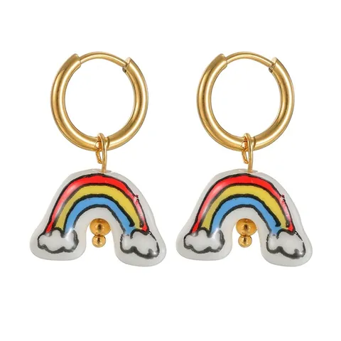 Cute Rainbow Cloud Hoop Earrings Stainless Steel Gold Plated Multi-Color Drip Oil Pendant Jewelry For Women Girls