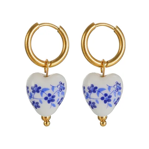 Roestvrijstalen Hart Ronde Keramische Bloemen Oorringen Voor Vrouwen Blauw Wit Porselein Stijl Vintage Sieraden Cadeau
