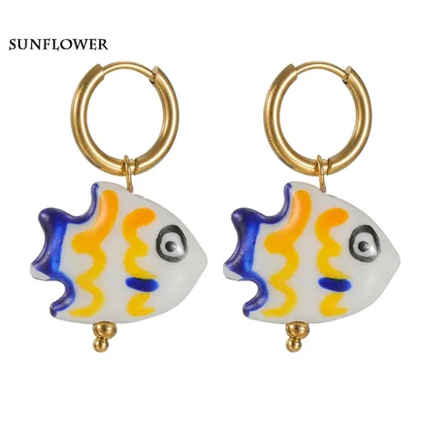 Pendientes de Aro de Cerámica Pintados a Mano de Pez Lindo de Acero Inoxidable Océano Pez Tropical Colgantes para Mujer Joyería de Verano