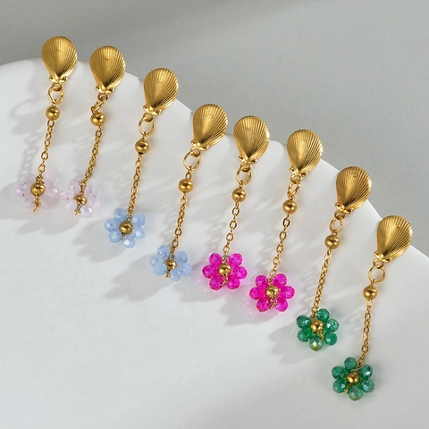 Boucles d'Oreilles Longues Fleur Coquille en Acier Inoxydable Perles Colorées Cristal Bijoux de Plage Femme Cadeau