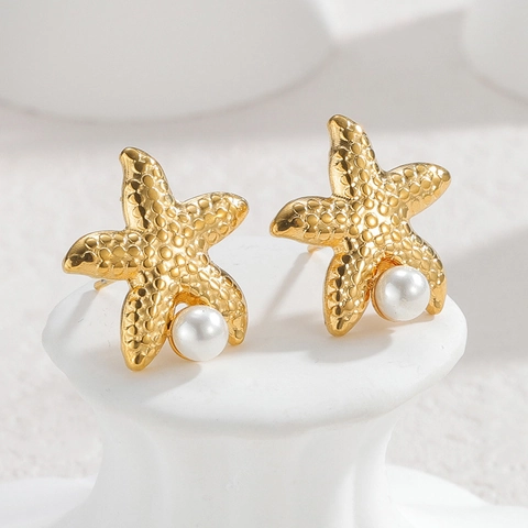 Vintage Edelstahl Seestern Ohrstecker Mit Künstlicher Perle Gold Texturierte Seestern Ohrringe Für Damen Urlaub Schmuck