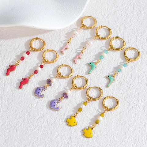 Ocean Style Stainless Steel Hoop Earrings Colorful Enamel Seahorse Dolphin Crab Fish Coral Pendant Pearl Beads Earrings For Women
