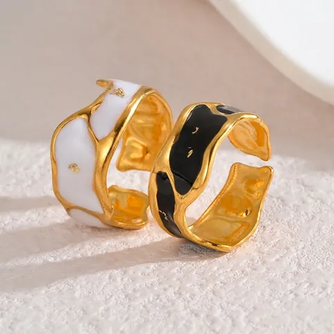 Anello Aperto in Acciaio Inossidabile da Donna Minimalista Smalto Foglia d'Oro Onda Irregolare Anello Regolabile Gioielli di Lusso