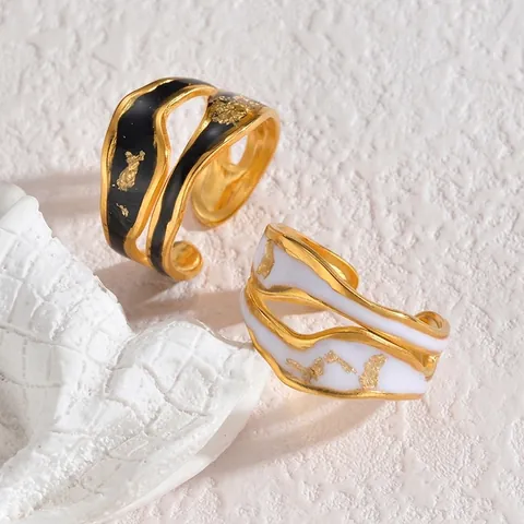 Anello Aperto in Acciaio Inossidabile da Donna Minimalista Smalto Foglia d'Oro Onda Irregolare Anello Regolabile Gioielli di Lusso