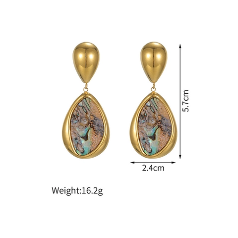 Vintage Gold Plated Stainless Steel Waterdrop Dangle Earrings With Natural Abalone Mother Of Pearl Shell Inlay For Women