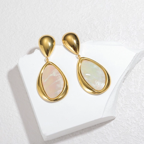 Vintage Gold Plated Stainless Steel Waterdrop Dangle Earrings With Natural Abalone Mother Of Pearl Shell Inlay For Women