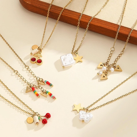 Stainless Steel Sweet Cherry Star Geometric Pendant Necklace Gold Tone Rhinestone Artificial Pearl Choker Jewelry For Women