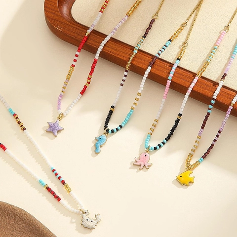 Bohemian Colorful Beaded Necklace Stainless Steel Ocean Animal Starfish Seahorse Crab Pendant Summer Beach Jewelry For Women