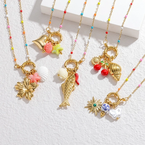 Women's Sweet Stainless Steel Pendant Necklace Colorful Rice Bead Chain Ocean Sea Snail Heart Flower Fish Star Charm Necklace Bohemian Vacation Jewelry
