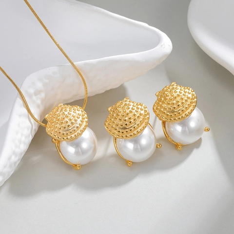 Collana con Pendente in Perla Artificiale in Acciaio Inossidabile Vintage Francese Orecchini Elegante Conchiglia Oro