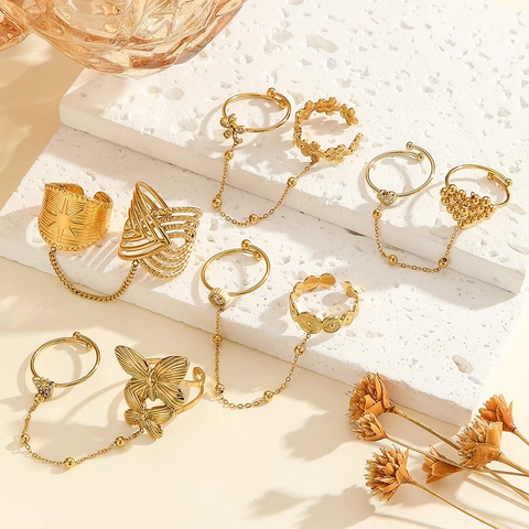 Vintage Stainless Steel Slave Chain Ring Set For Women Gold Butterfly Flower Star Zircon Double Finger Ring Jewelry